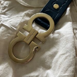 RARE - Ferragamo Double buckle Stamped Gancini navy blue leather belt embossed